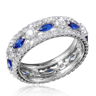 Sterling Silver Rhodium Plated Encrusted With Clear And Blue CZ Stones Eternity RingsAnd Thickness 6.4mm