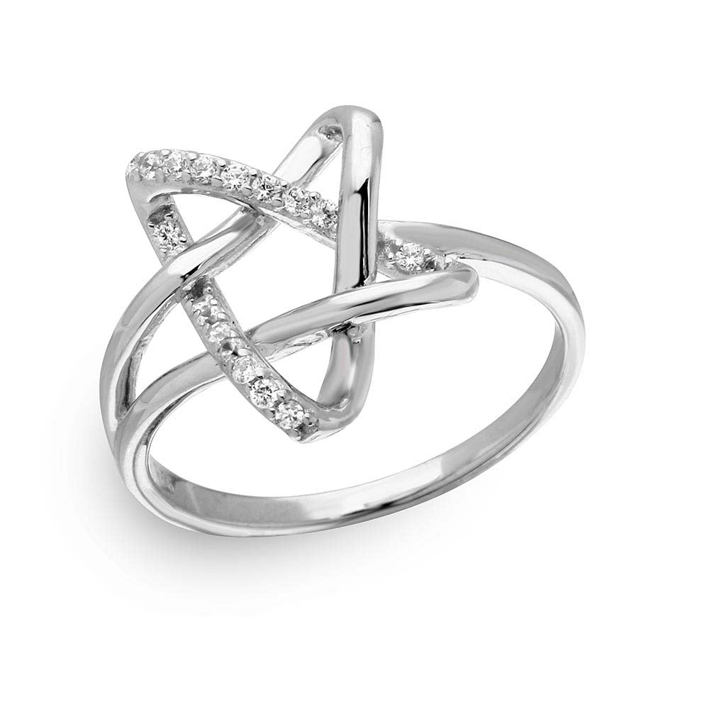 Sterling Silver Rhodium Plated Interwined Star Shaped Ring With CZ Stones