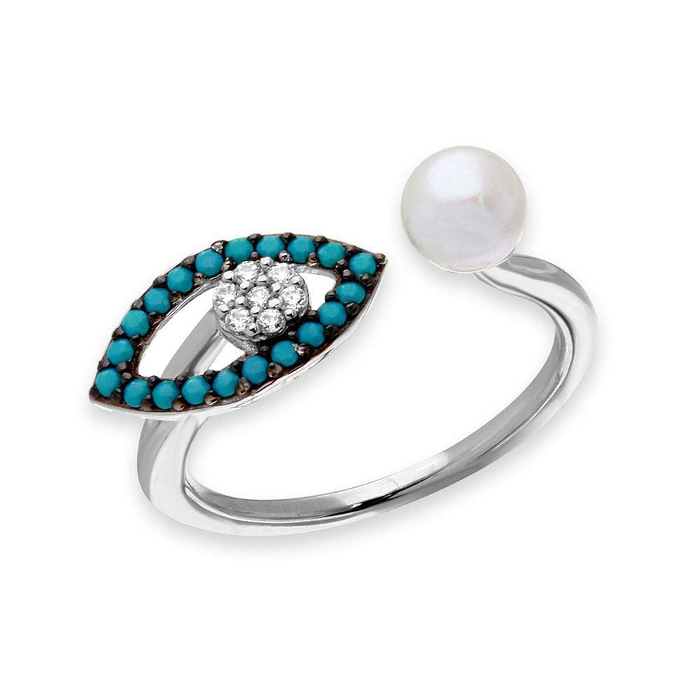 Sterling Silver Black Rhodium and Rhodium Plated Turquoise Evil Eye and CZ with Fresh Water Pearl Ring
