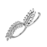 Sterling Silver Rhodium Plated Two Fingered Leaf Ring With CZ Stones