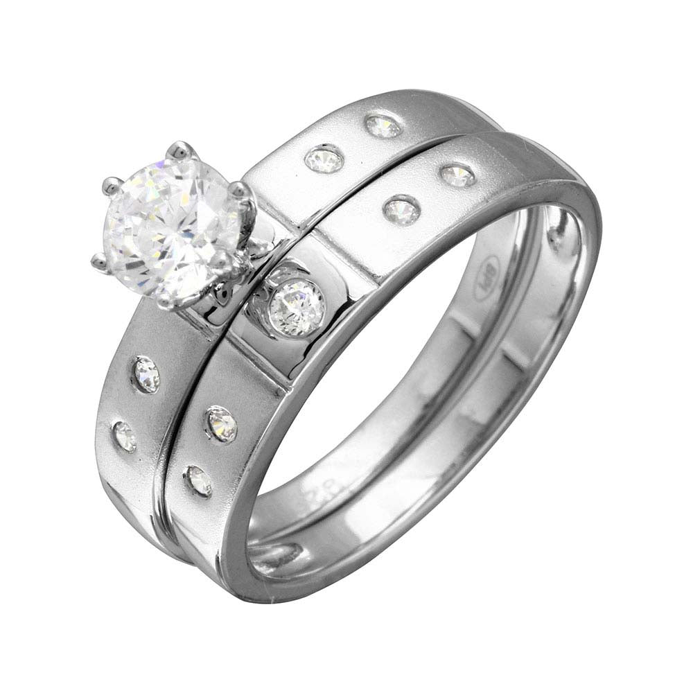 Sterling Silver Half Matte Finish Rhodium Plated CZ Trio Bridal Ring