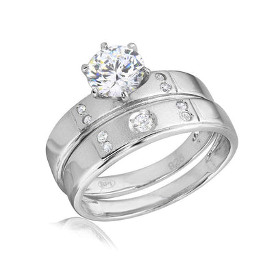 Sterling Silver Rhodium Plated  Matte Finish 5 CZ Wedding RingAnd Center Stone Width 6mm