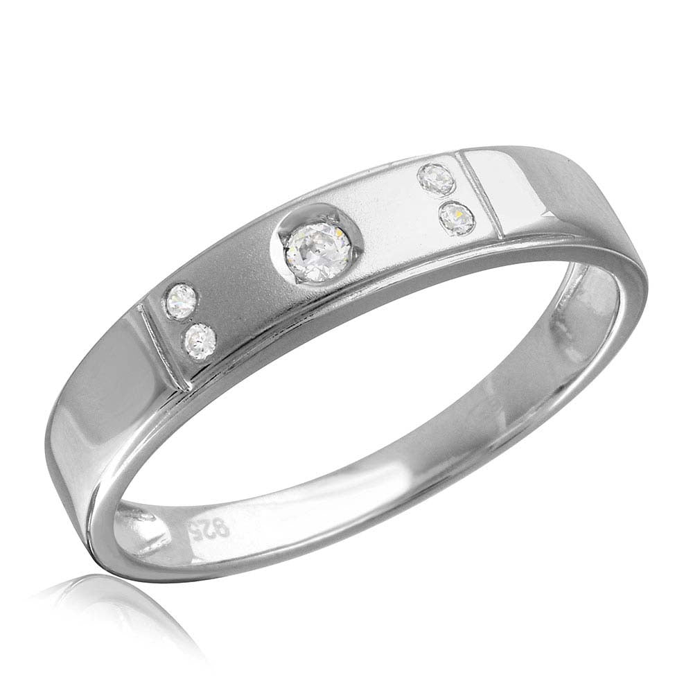 Sterling Silver Rhodium Plated Matte Finish 5 CZ Wedding Ring