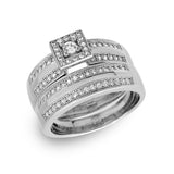Sterling Silver Rhodium Plated Round Square Center Trio Bridal Ring
