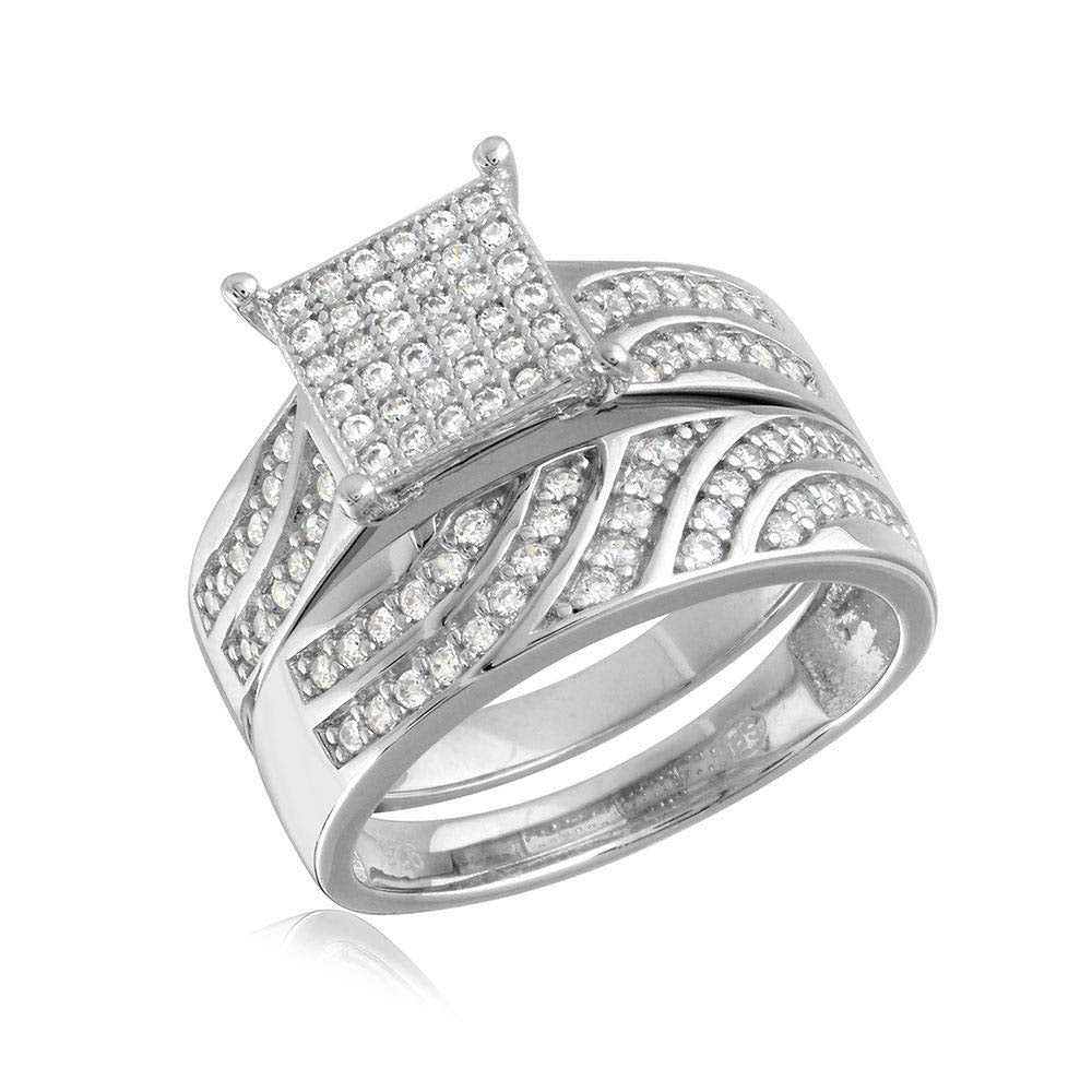Sterling Silver Rhodium Plated  Wave CZ Band Square Center Micro Pave Stones Wedding RingAnd Width 7.5mm