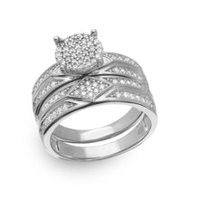 Load image into Gallery viewer, Sterling Silver Rhodium Plated  Round Pave Center Trio Bridal RingAnd Ring Dimensions 12mm x 19mm