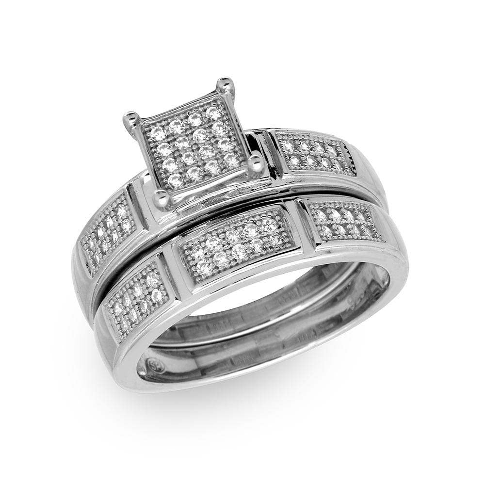 Sterling Silver Rhodium Plated  Square Pave Center Trio Bridal RingAnd Ring Dimensions 9mm x 19mm