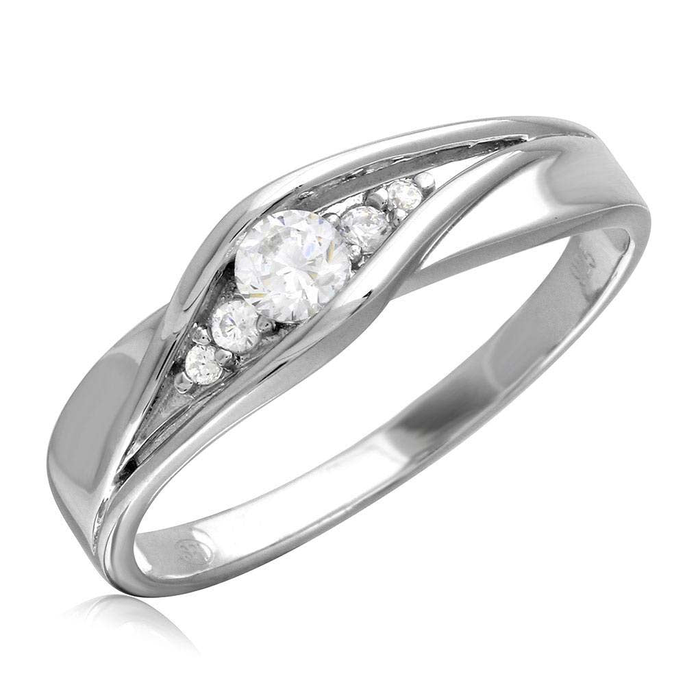 Sterling Silver Rhodium Plated  Round CZ Center Stones Wedding Ring And Band Width 5.7mm