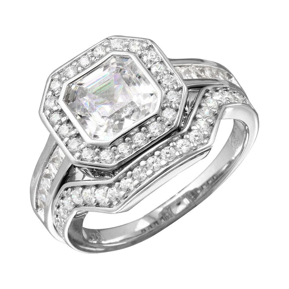 OVERSTOCK-Sterling Silver Rhodium Plated 2pcs CZ Square Center Bridal Ring