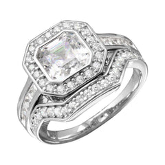 Sterling Silver Rhodium Plated  2pcs CZ Square Center Bridal Ring