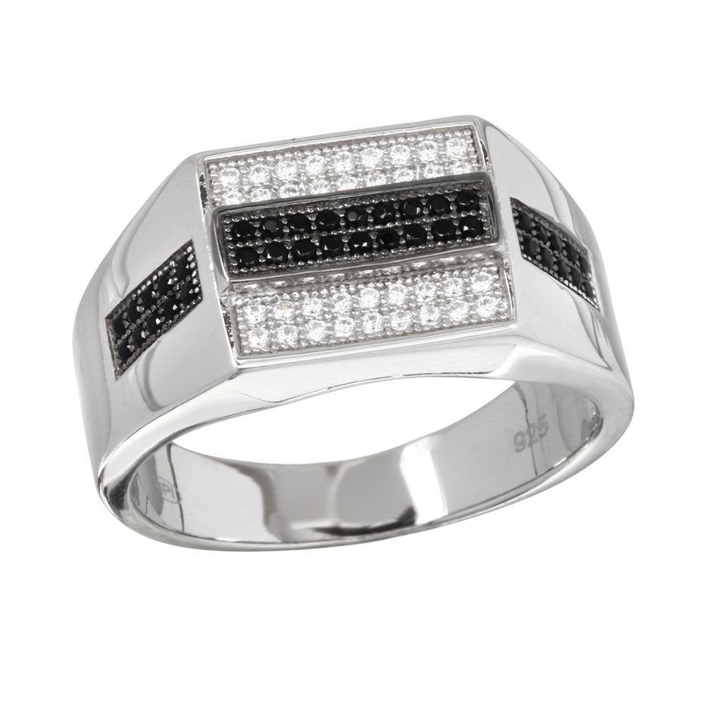 Sterling Silver Rhodium Plated Rectangle Black and Clear CZ Ring - silverdepot