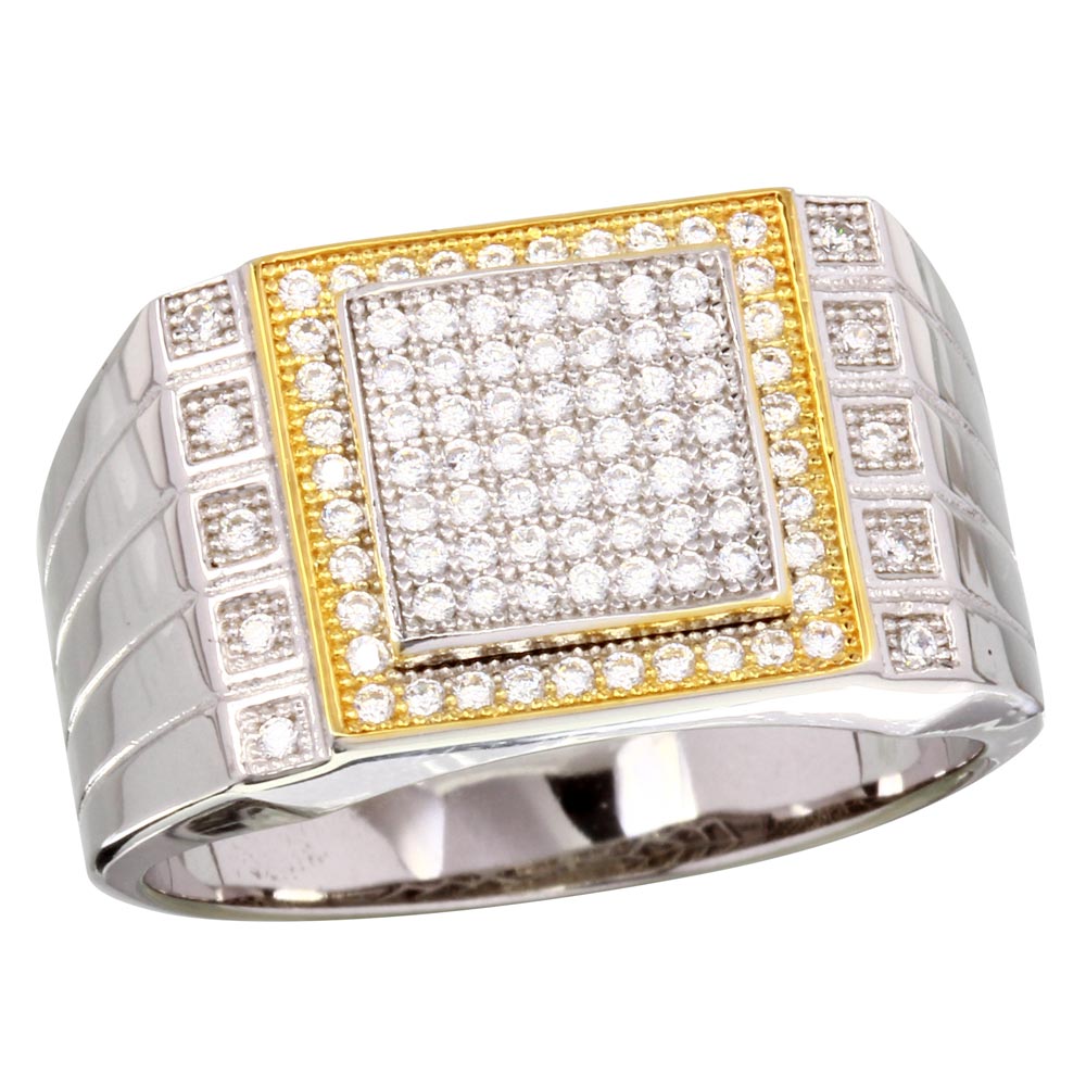 Sterling Silver 2 Toned Rhodium Plated Square CZ Encrusted Mens Ring