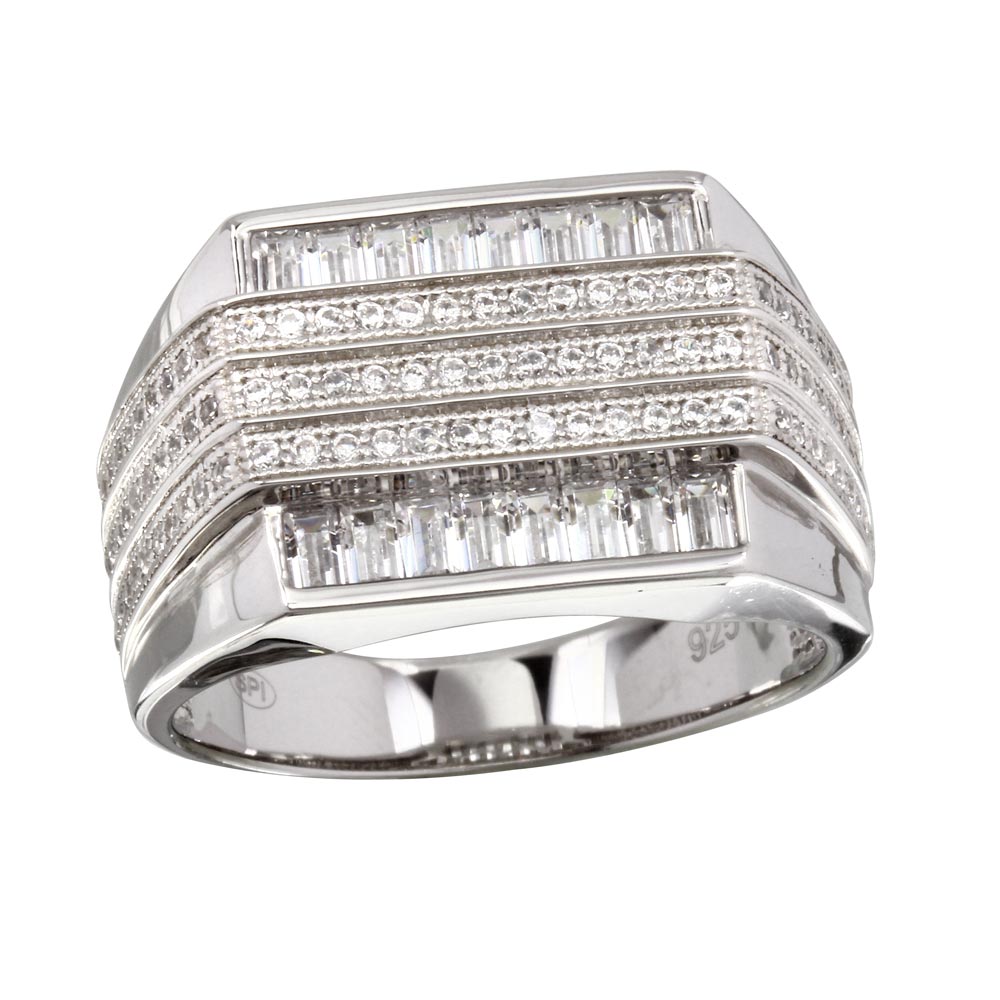 Sterling Silver Mens Rhodium Plated 3 Bar CZ Ring