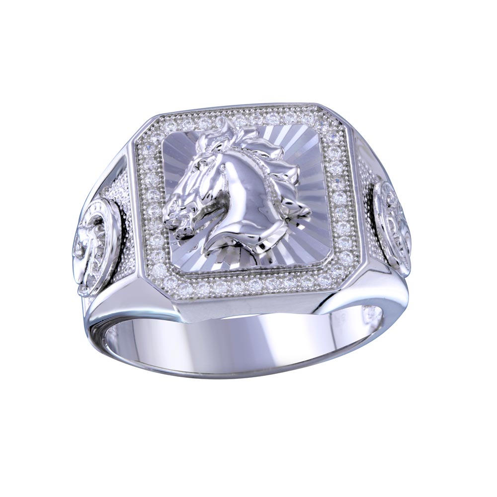Sterling Silver Rhodium Plated Stallion Statement CZ Ring
