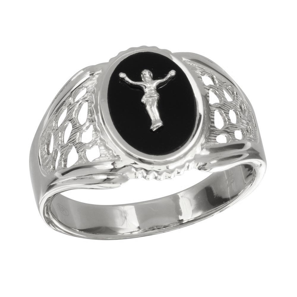 Sterling Silver Rhodium Plated Black Oval Body of Christ Ring