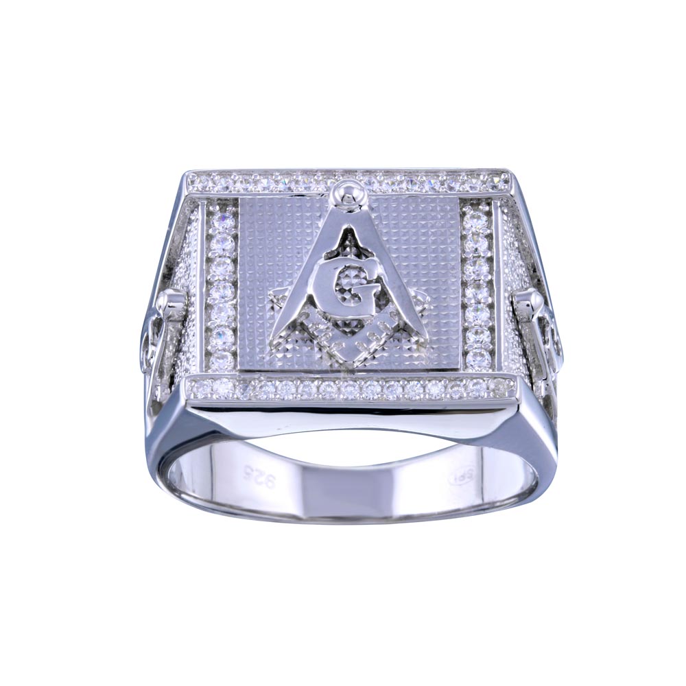 Sterling Silver Rhodium Plated Masonry Statement CZ Ring