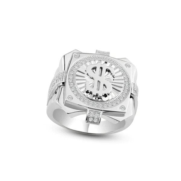 Sterling Silver Mens Rhodium Plated Dollar Sign Ring