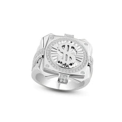 Sterling Silver Mens Rhodium Plated Dollar Sign Ring