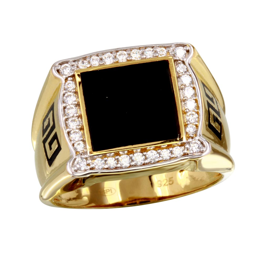 Sterling Silver Mens Gold Plated Flat Square Onyx Ring with CZ