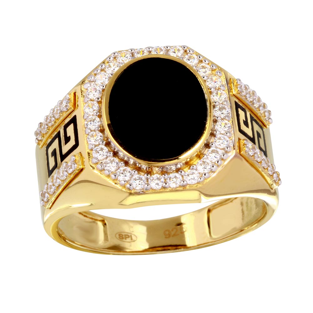 Sterling Silver Mens Gold Plated Flat Oval Onyx Ring with CZ