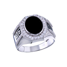 Load image into Gallery viewer, Sterling Silver Rhodium Plated Fancy Flat Oval Onyx Ring With CZ