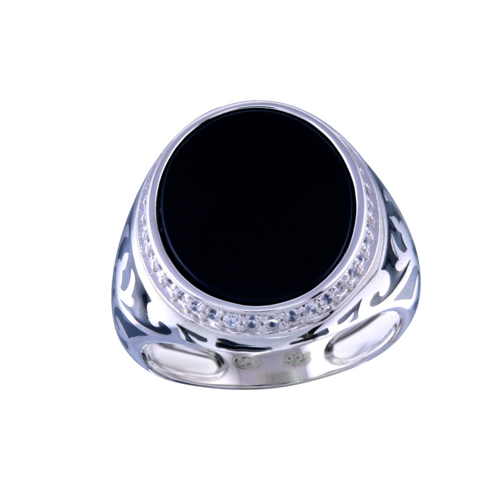 Sterling Silver Rhodium Plated Flat Oval Onyx Ring With CZ