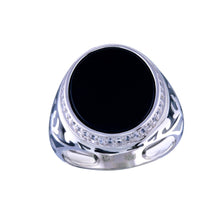 Load image into Gallery viewer, Sterling Silver Rhodium Plated Flat Oval Onyx Ring With CZ