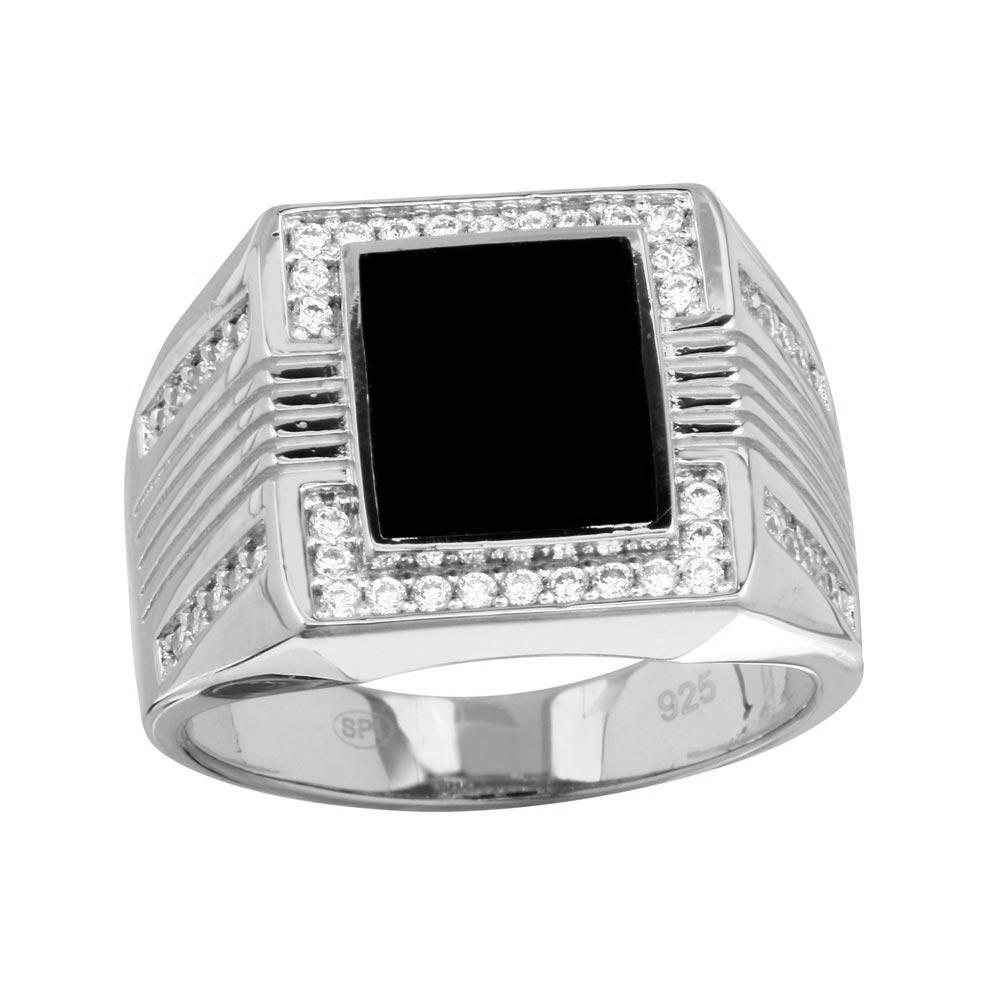 Sterling Silver Rhodium Plated Square Flat Onyx CZ Ring