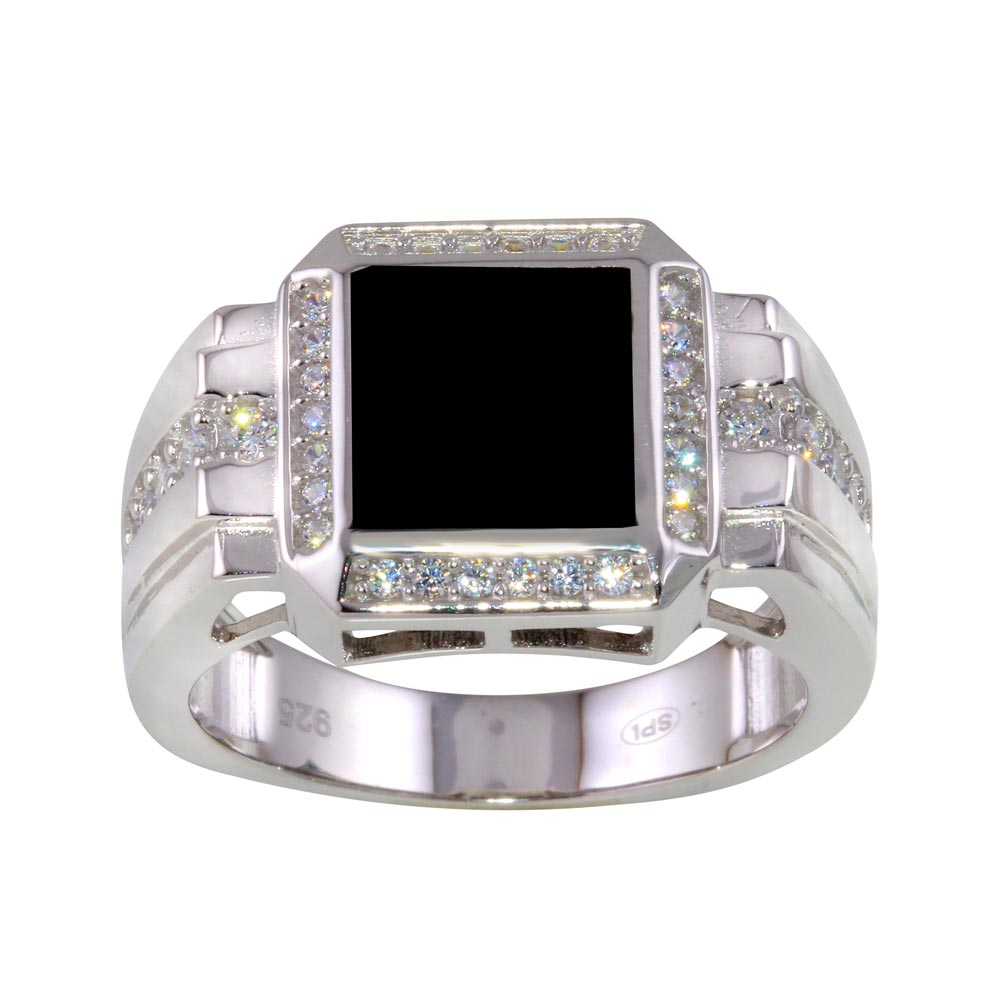Sterling Silver Rhodium Plated Square Ring with CZ