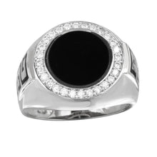 Load image into Gallery viewer, Sterling Silver Rhodium Plated Round Flat Onyx CZ Ring