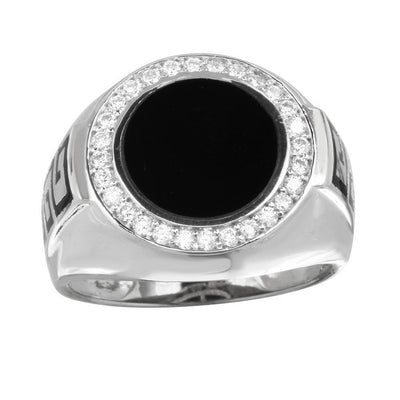 Sterling Silver Rhodium Plated Round Flat Onyx CZ Ring