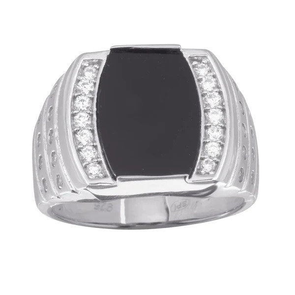 Sterling Silver Mens Rhodium Plated Flat Oval Onyx CZ Ring