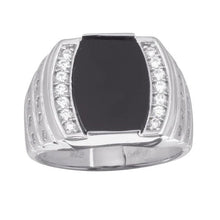 Load image into Gallery viewer, Sterling Silver Mens Rhodium Plated Flat Oval Onyx CZ Ring