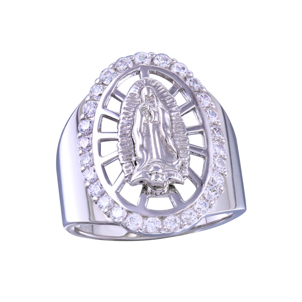 Sterling Silver Rhodium Plated Oval CZ Lady Of Guadalupe Center Ring