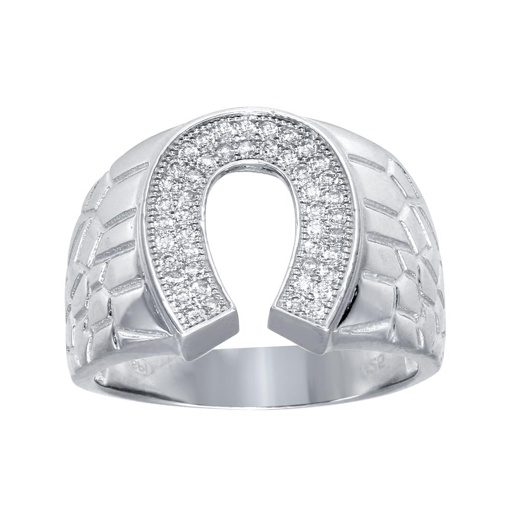 Sterling Silver Men's Rhodium Plated Horseshoe CZ Ring