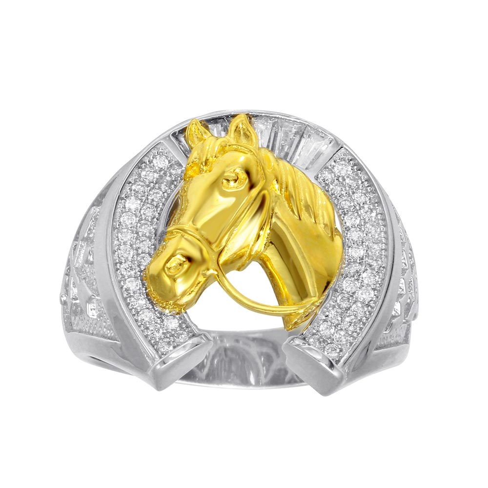 Sterling Silver Men's Two Toned CZ Horse Shoe Gold Horse Ring