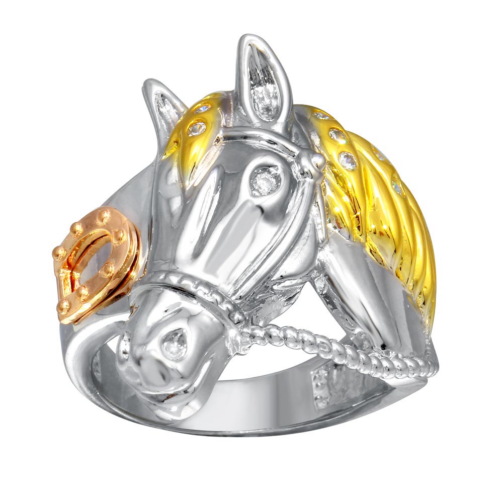 Sterling Silver Men's Three Toned CZ Rope Horse Ring
