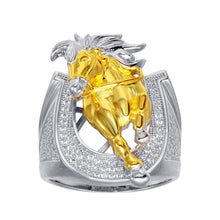 Load image into Gallery viewer, Sterling Silver Men&#39;s Two Toned CZ Horse Shoe Gold Horse Ring