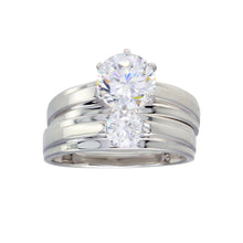 Load image into Gallery viewer, Sterling Silver Rhodium Plated Round CZ Stone Bordered Trios Ring