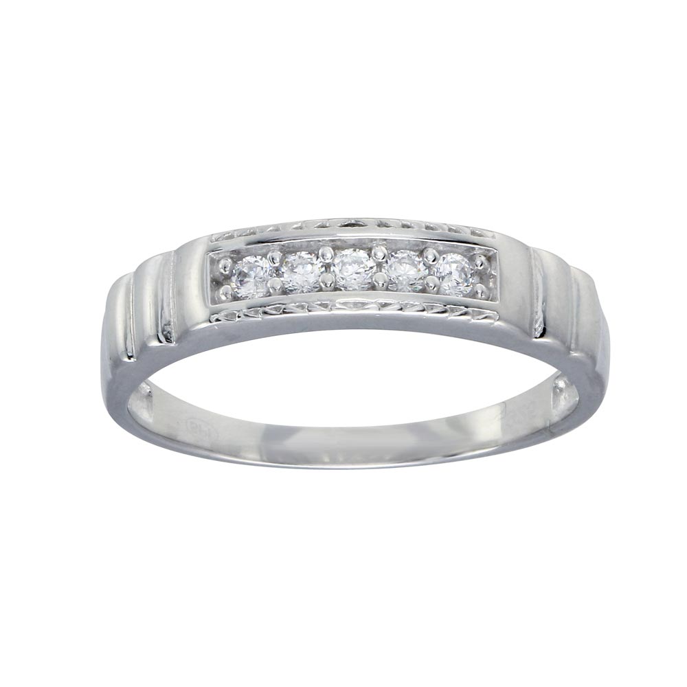 Sterling Silver Rhodium Plated Round CZ Stone Bordered Ring