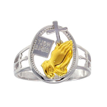 Load image into Gallery viewer, Sterling Silver Two Toned Plated Praying Hand with Cross Ring