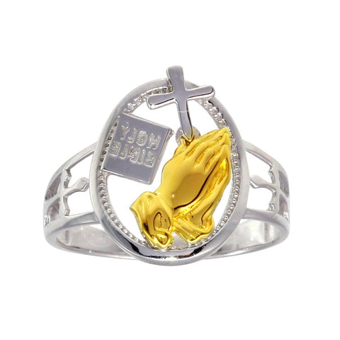 Sterling Silver Two Toned Plated Praying Hand with Cross Ring