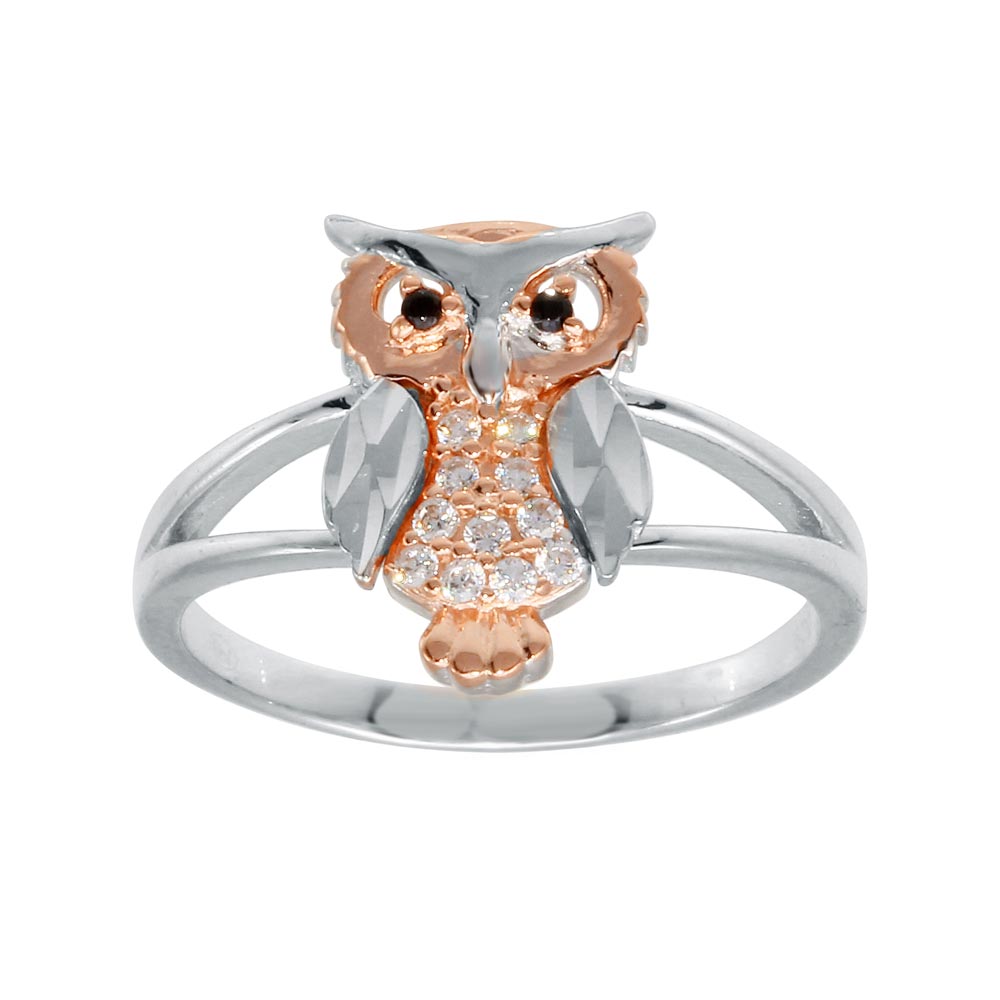 Sterling Silver CZ Diamond Cut Two Toned Owl Ring