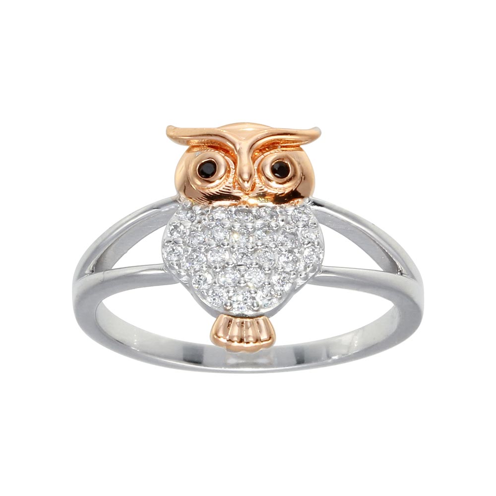 Sterling Silver CZ Two Toned Owl Ring