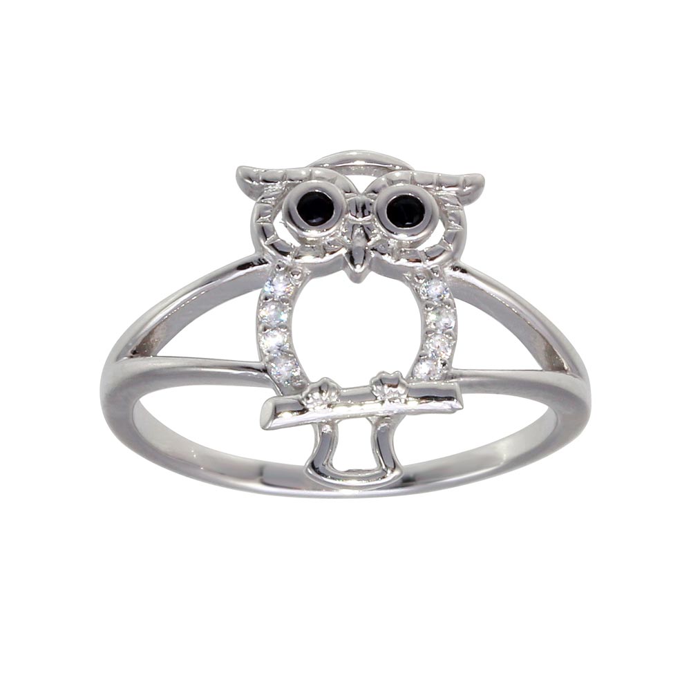 Sterling Silver Rhodium Plated Owl Ring