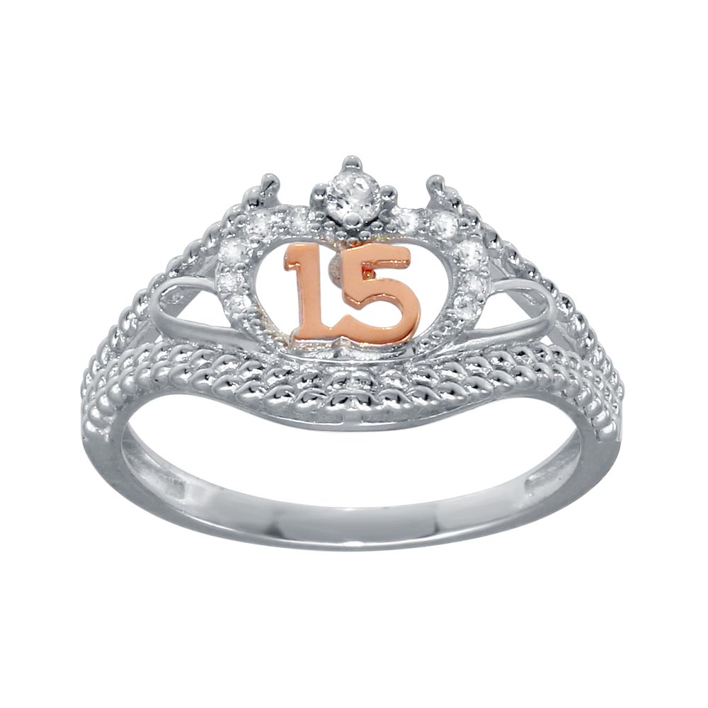 Sterling Silver CZ Quinceanera Flower Two Toned Rose Gold CZ Ring