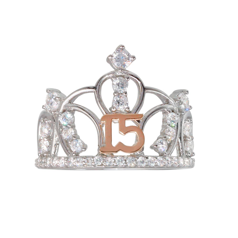 Sterling Silver CZ Quinceanera Crown Two Toned Ring