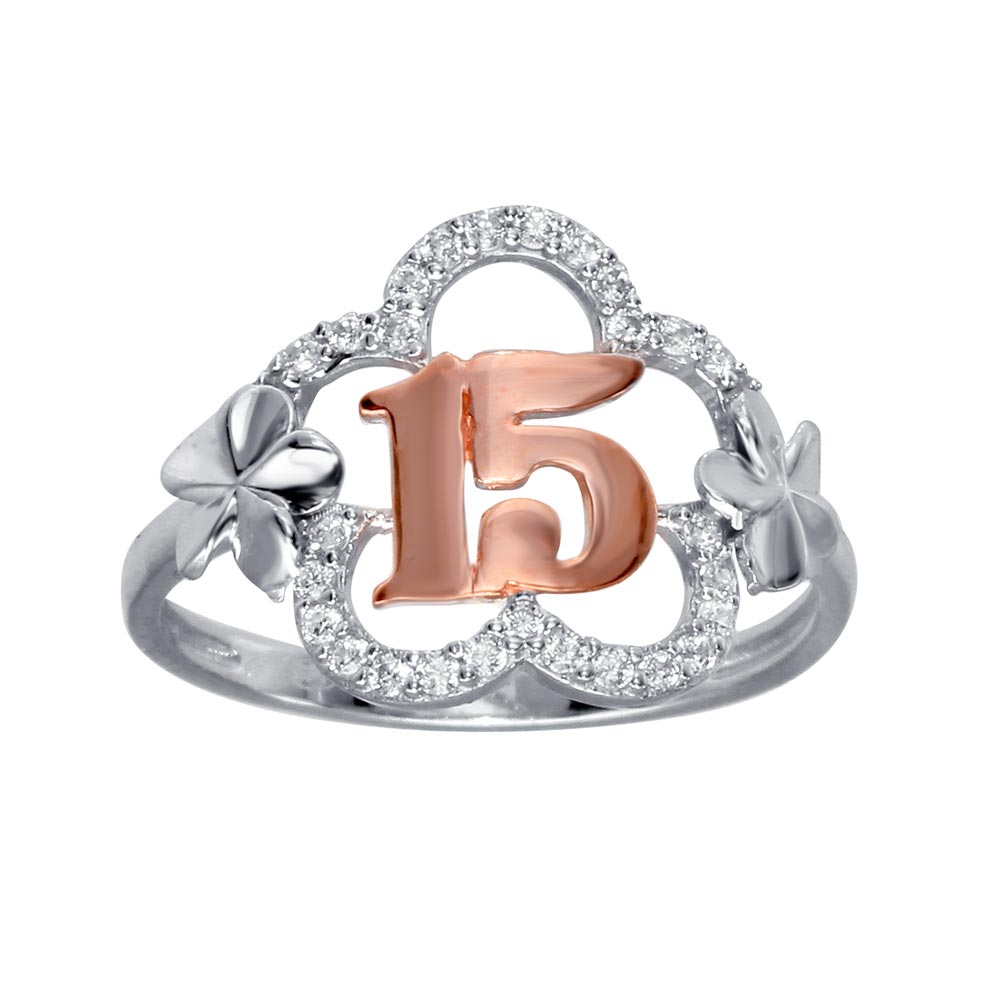 Sterling Silver CZ Quinceanera Flower Two Toned Ring