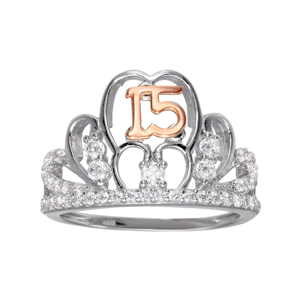 Sterling Silver CZ Quinceanera Tiara Two Toned Ring