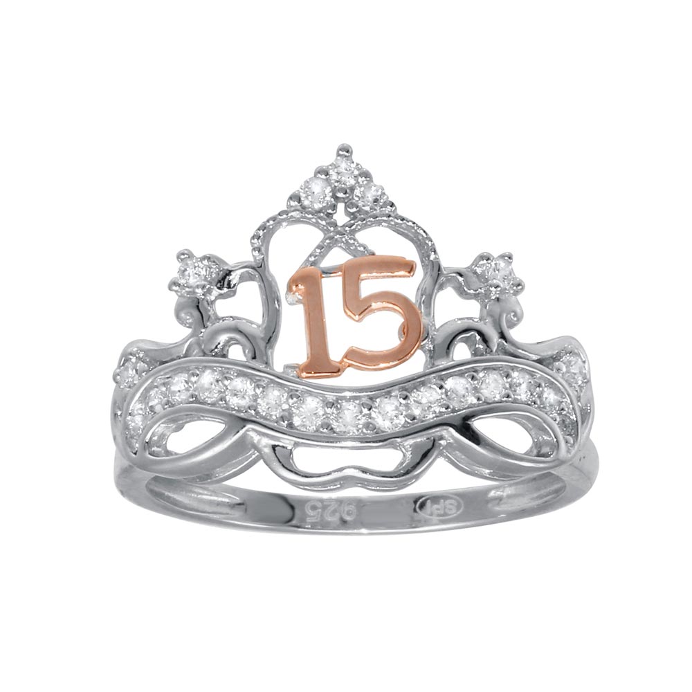 Sterling Silver CZ Quinceanera Crown Two Toned Ring